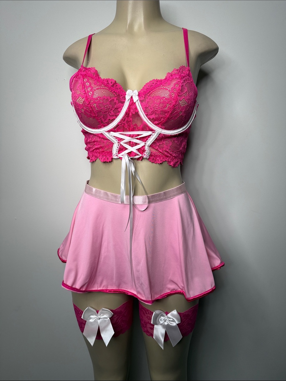 SHEIN Hot Pink Lace Bustier with Light Pink Skater Skirt Set